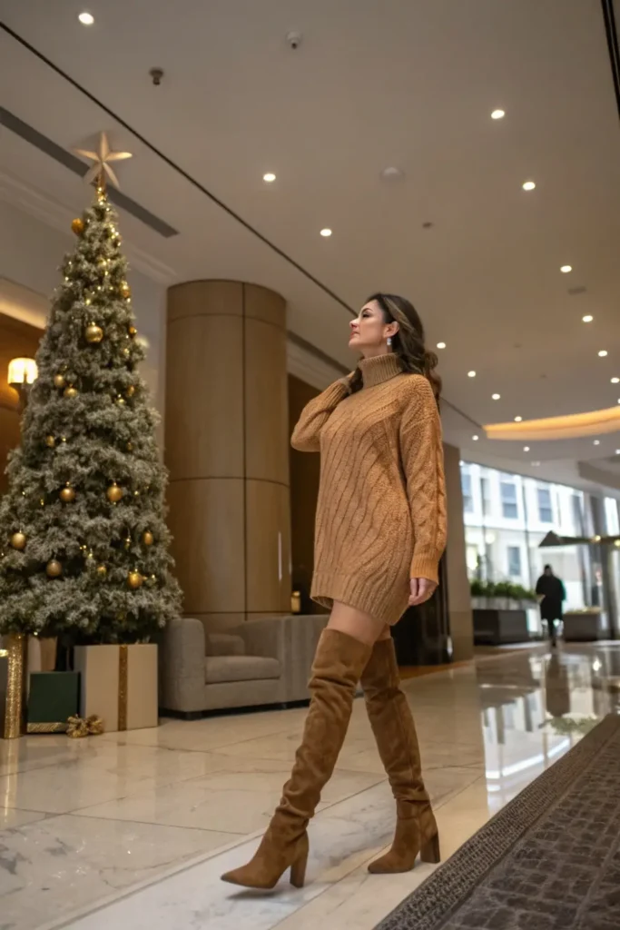 Woman in a camel cable-knit turtleneck sweater dress and tan suede thigh-high boots beside a Christmas tree in a hotel lobby