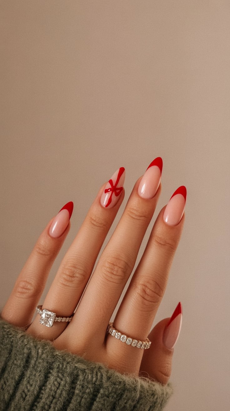 Almond nails with a deep wine-red french tip