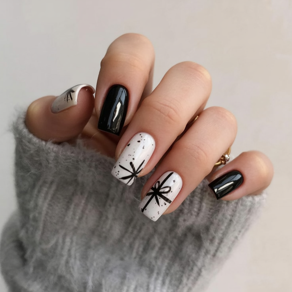 Short square nails in black and white with hand-painted gift-wrap bow art and speckles