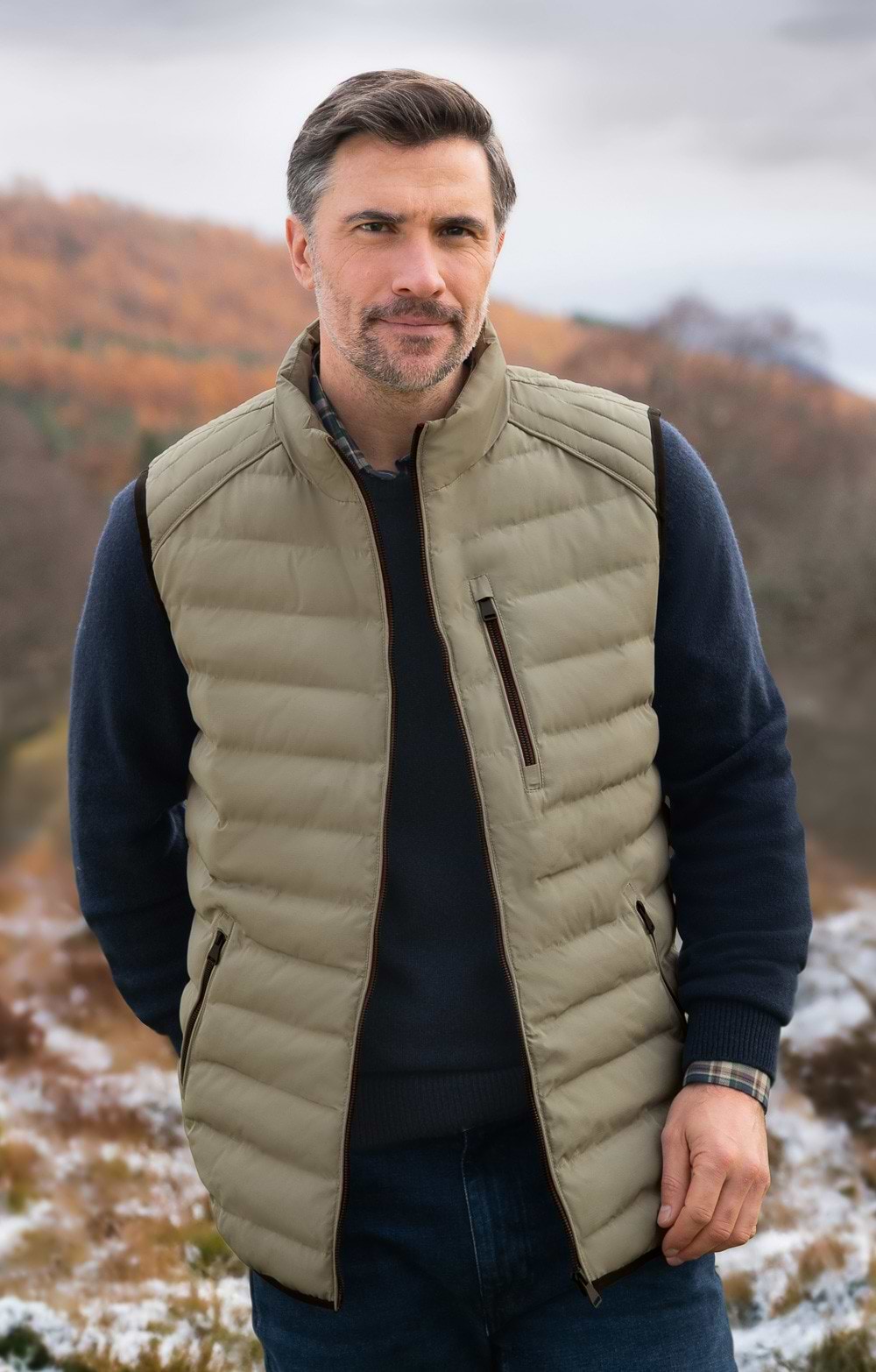 Man wearing an olive heritage country jacket in layered winter outfit