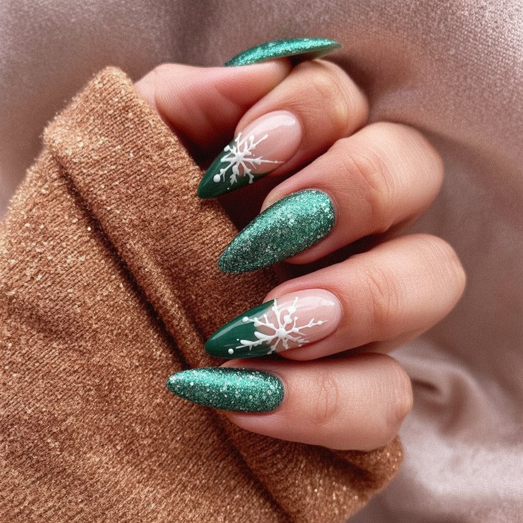 Stiletto nails with a smirking Grinch face and white snowflake nail art