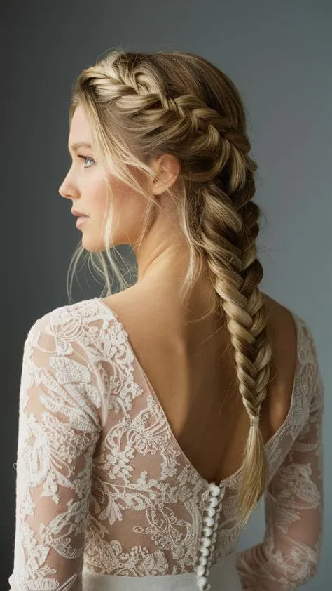Blonde bride wearing a romantic side fishtail braid
