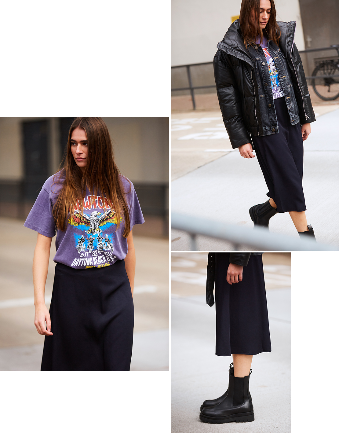 Woman in a graphic tee, black midi skirt, puffer jacket and black Chelsea boots