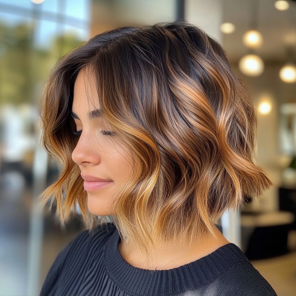 Choppy textured bob with golden caramel balayage waves