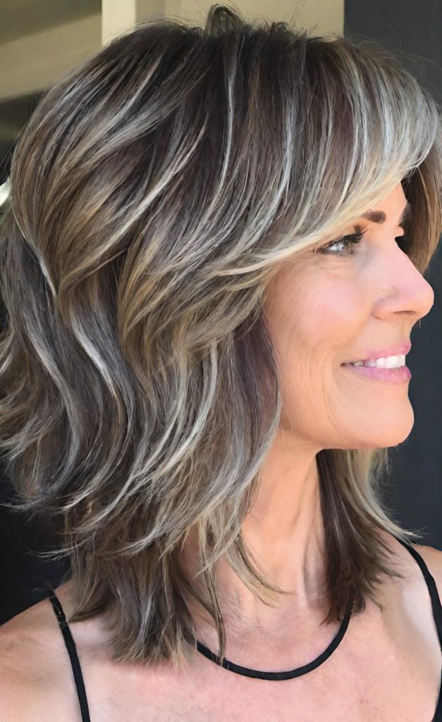 Ash brown shoulder shag with choppy bangs