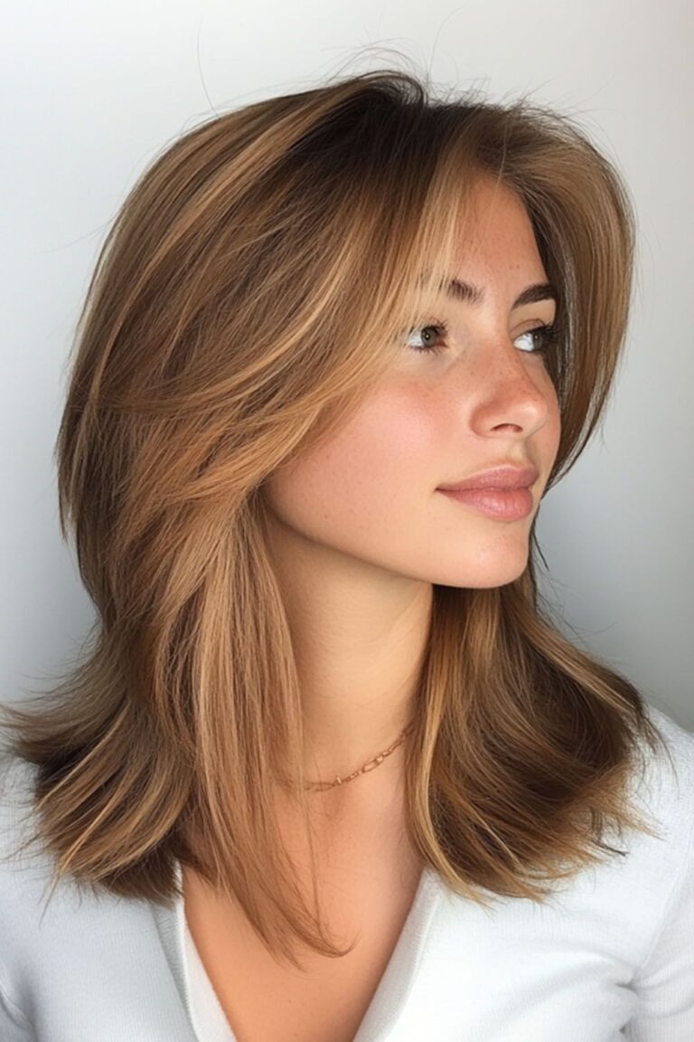 Woman with a layered haircut with curtain bangs and caramel highlights
