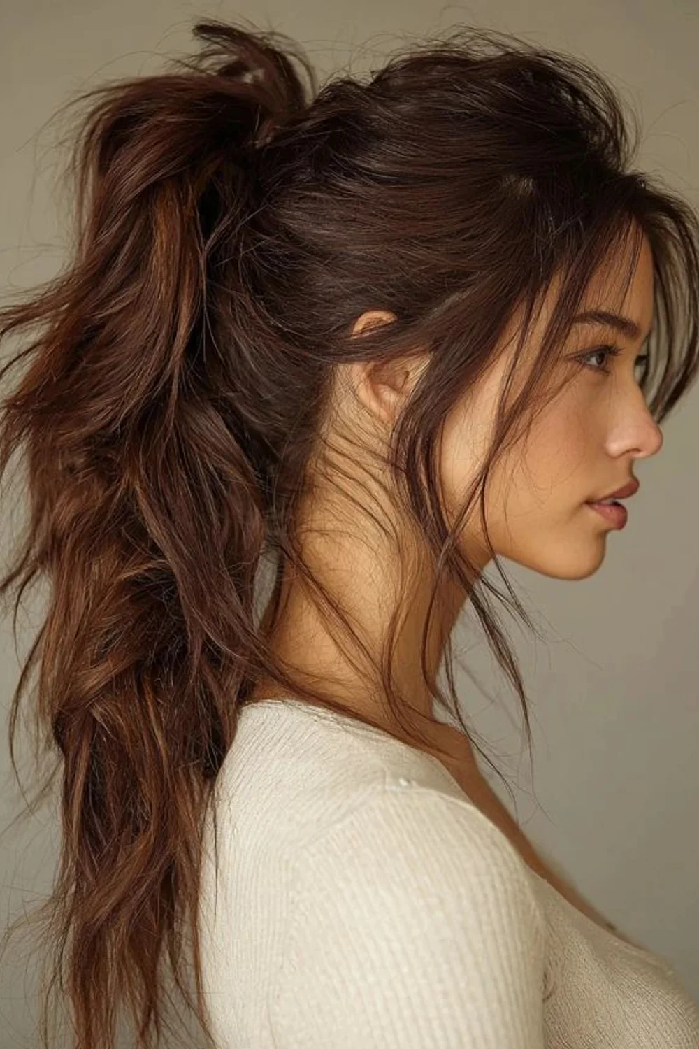 An undone textured high ponytail with loose face-framing layers
