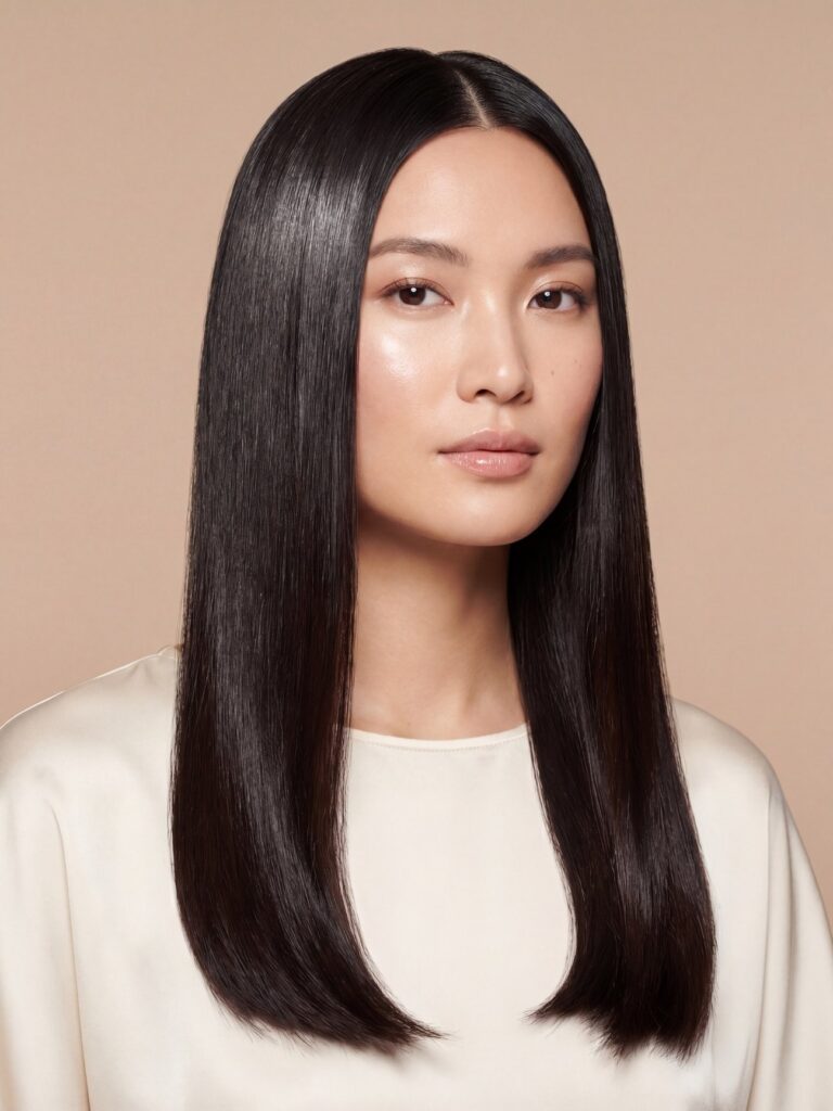 Sleek center-parted long black hair with a glass-like straight finish