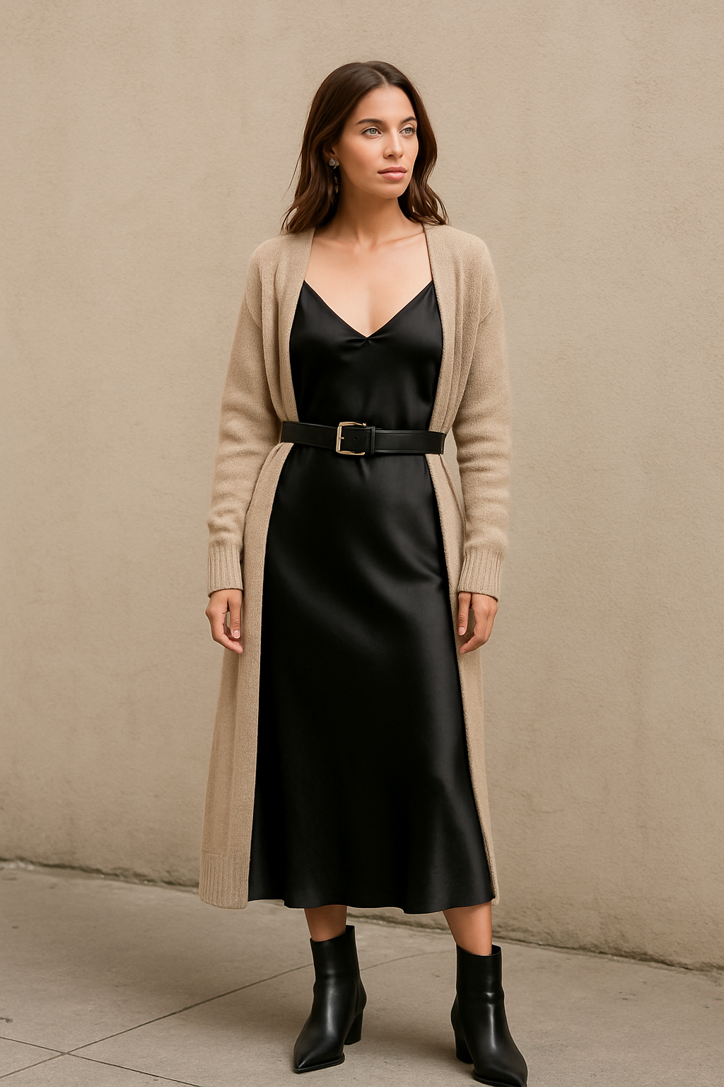 Oversized cardigan layered over a slip dress with ankle boots for winter