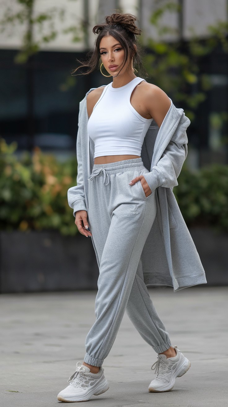 Woman wearing a white ribbed crop tank, heather grey joggers, a grey zip hoodie draped off her shoulders and chunky white sneakers