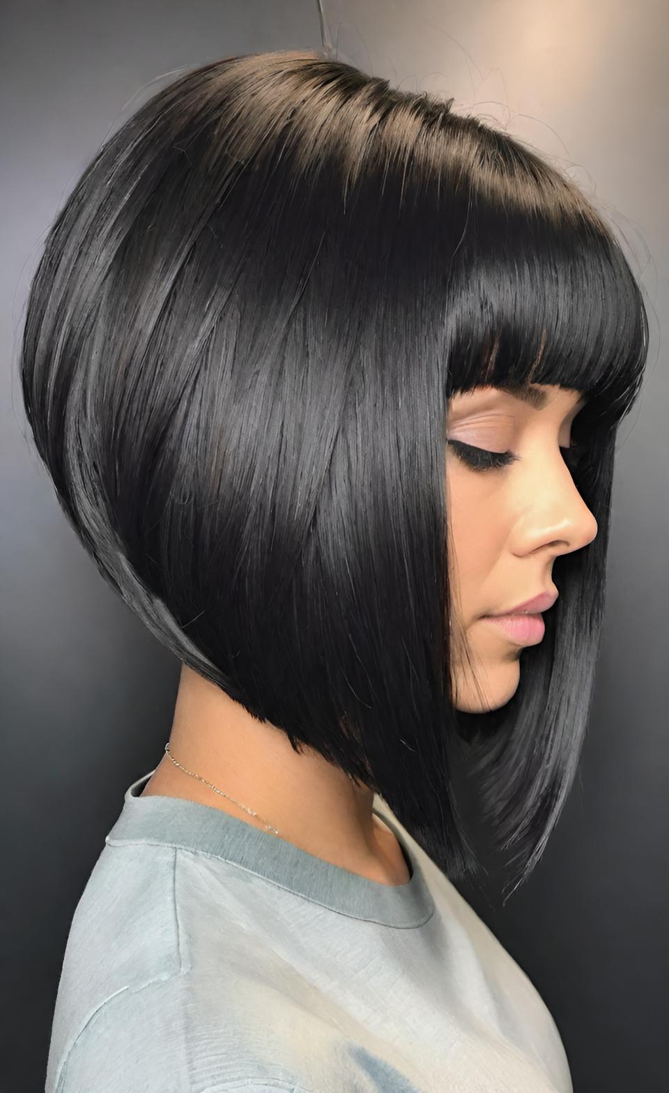Sleek black inverted bob with blunt bangs