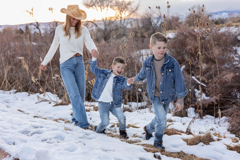 Family in denim jackets during a family photo session