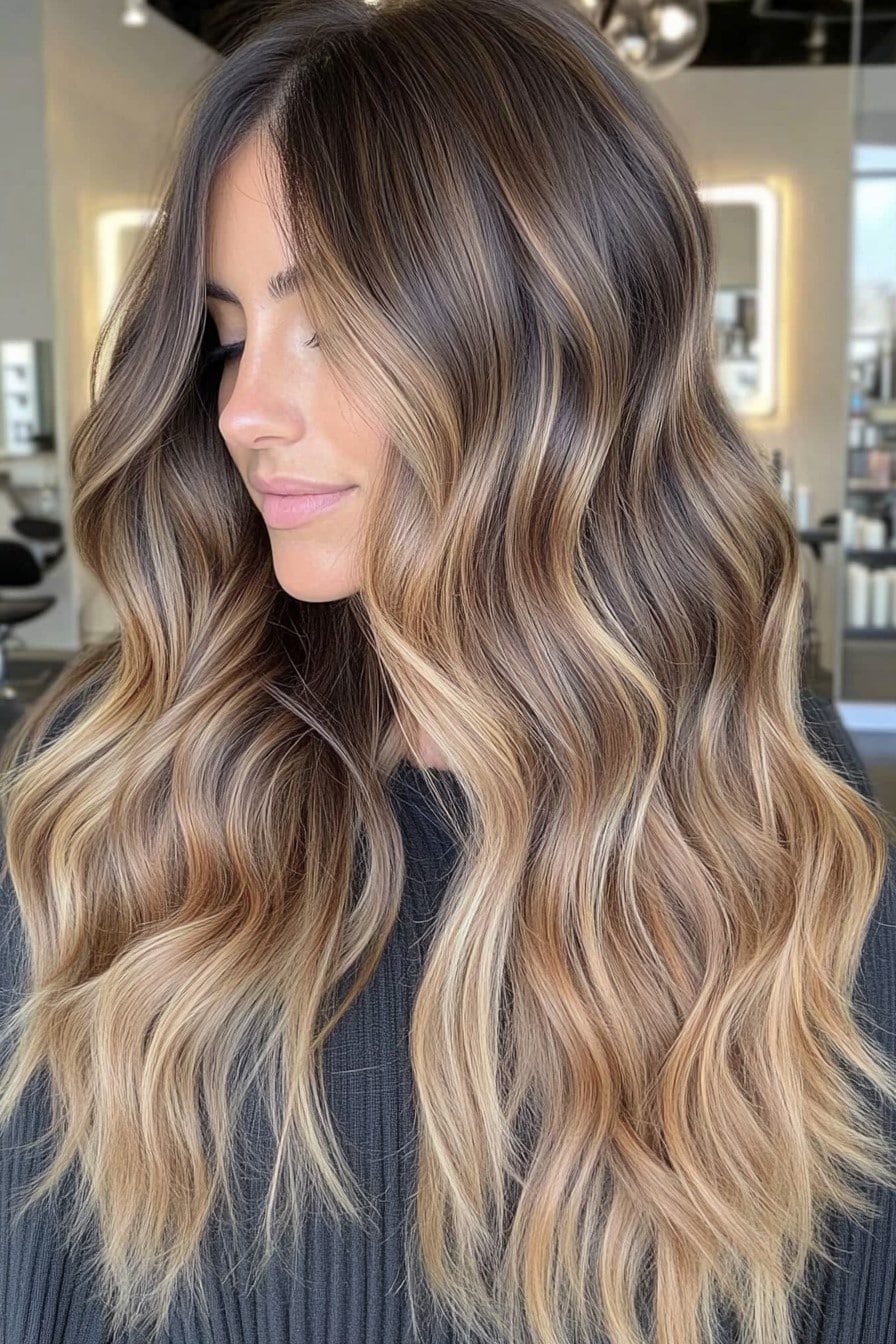 Toffee balayage collarbone waves