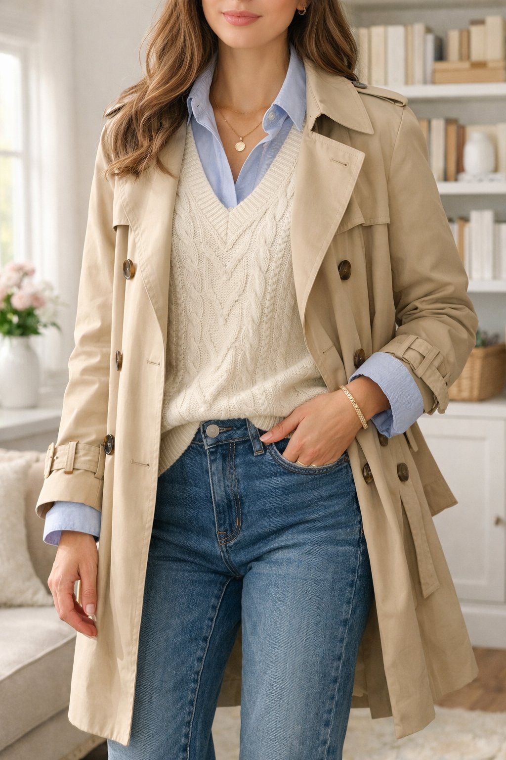 Woman in tan trench coat, cream cable-knit sweater vest and blue shirt