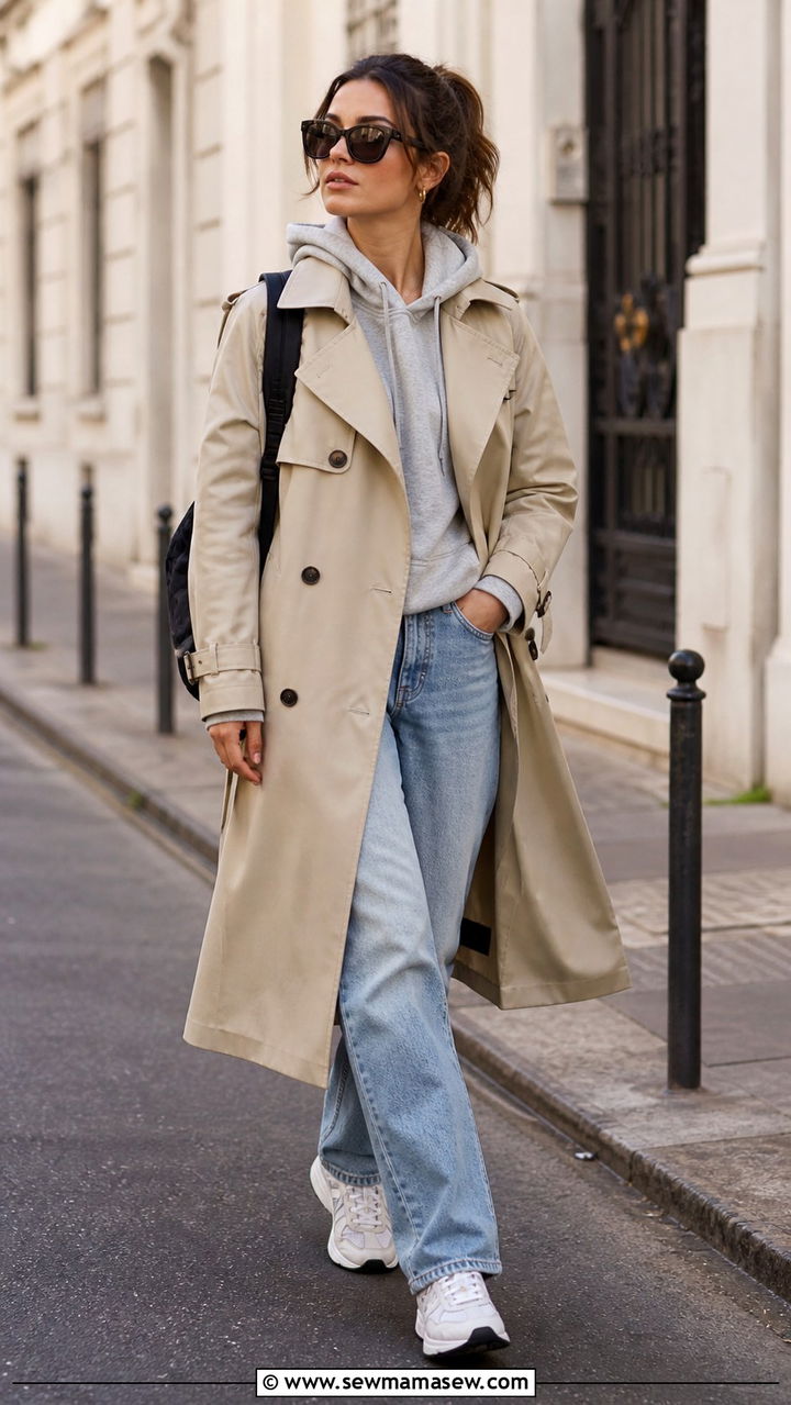 Woman wearing a beige trench coat layered over a gray hoodie with straight-leg jeans and white sneakers