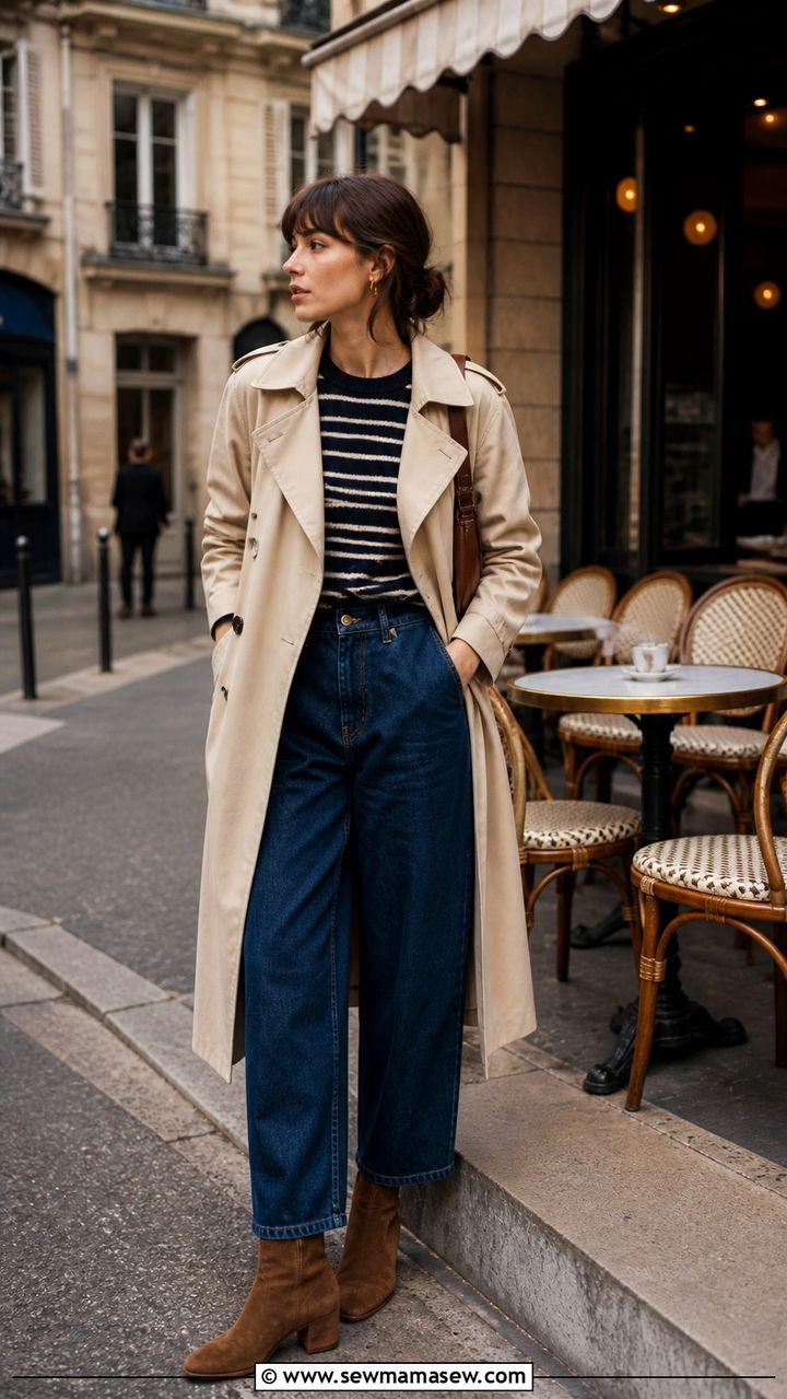 Woman wearing a cream trench coat with a striped sweater and barrel jeans