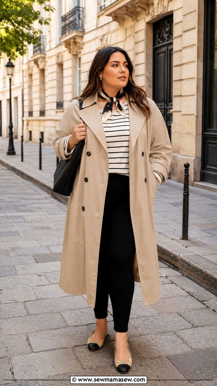Woman wearing a striped tee with black leggings and a trench coat