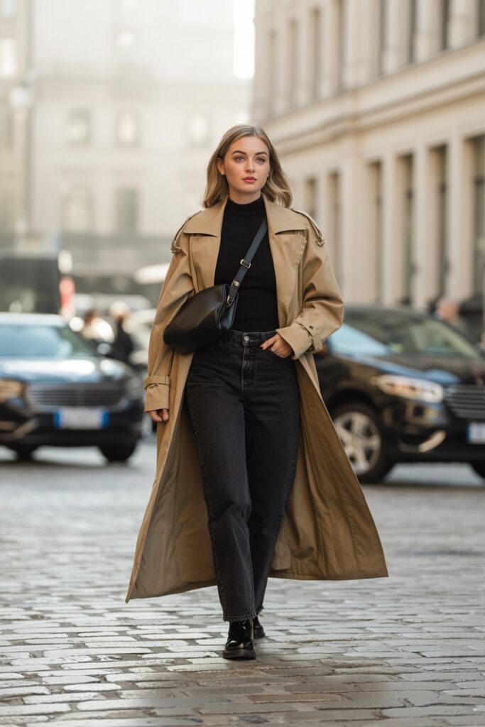 Woman in a beige trench coat over a black turtleneck and black jeans with a black crossbody bag