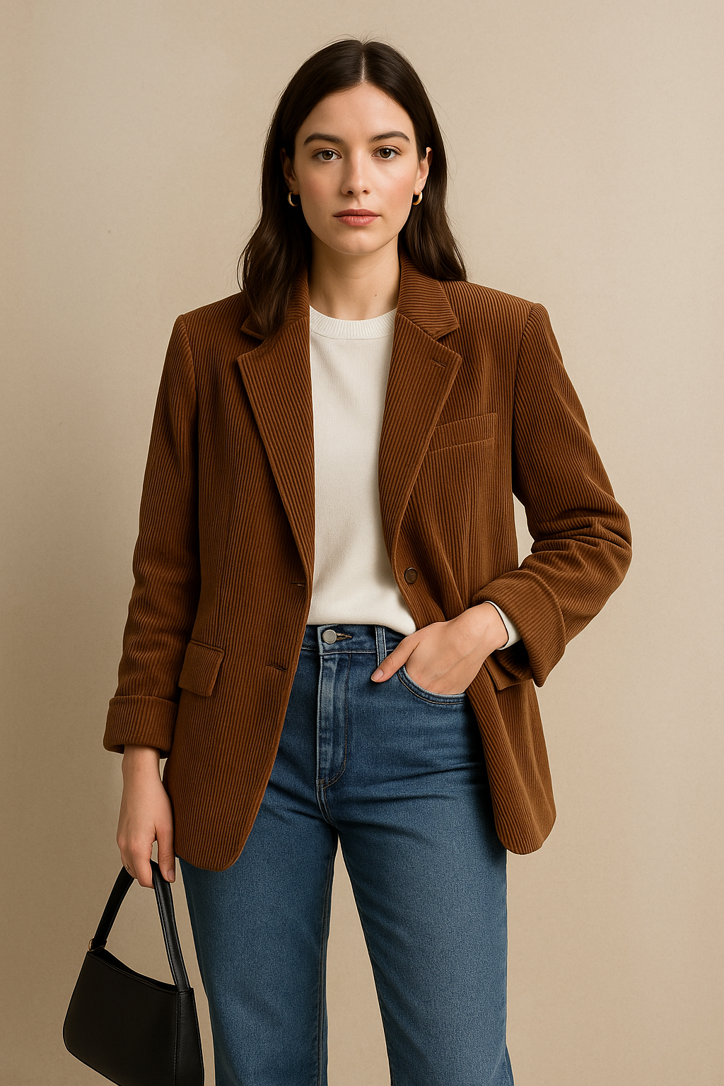 Tan corduroy blazer styled with jeans