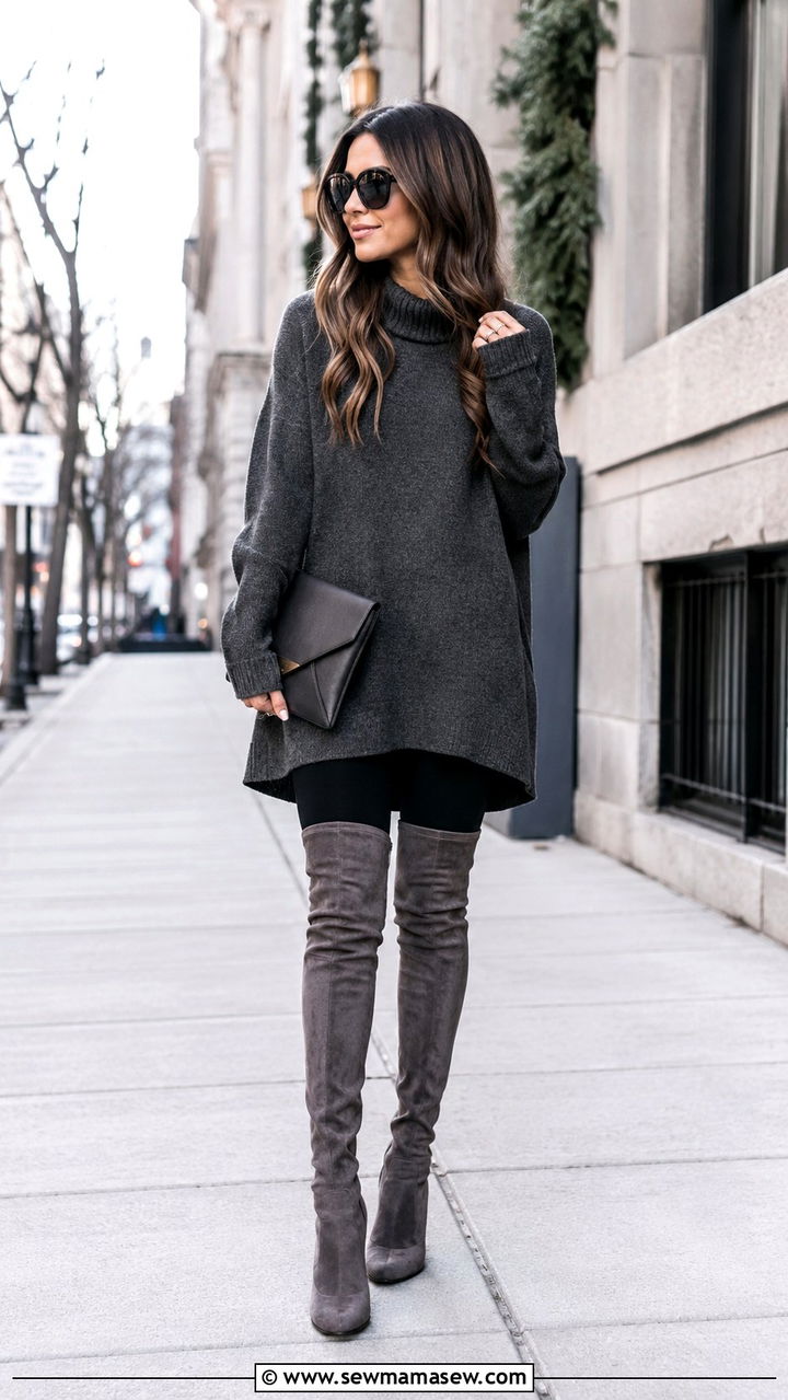Tunic-length oversized sweater with skinny jeans and over-the-knee boots
