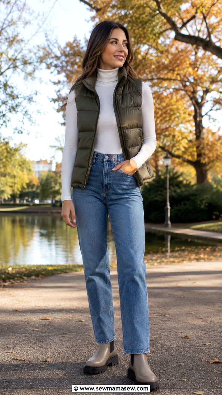 Woman wearing a turtleneck under a puffer vest with jeans