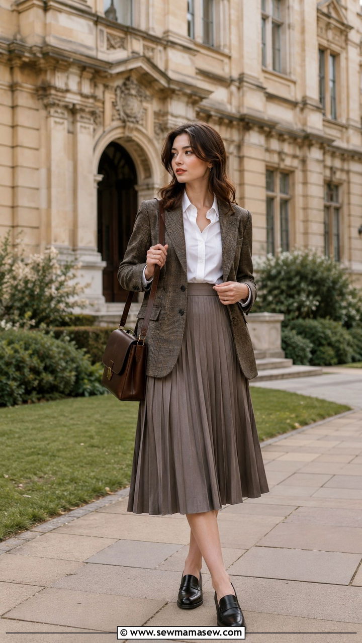 Tweed blazer paired with a pleated skirt