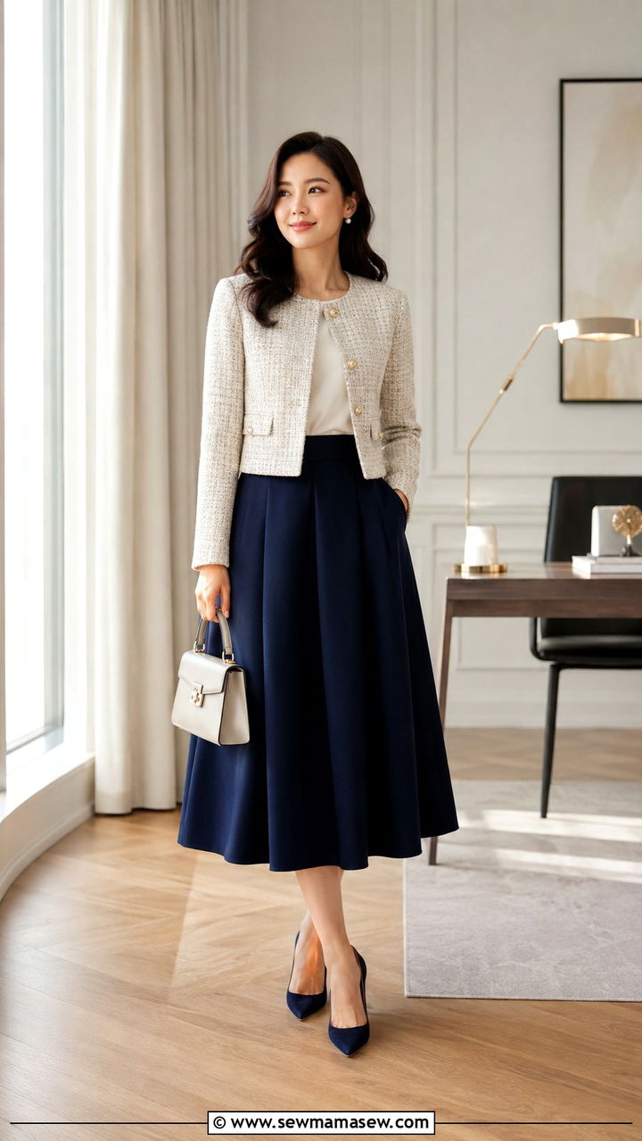 Woman wearing a tweed cropped jacket with a pleated midi skirt