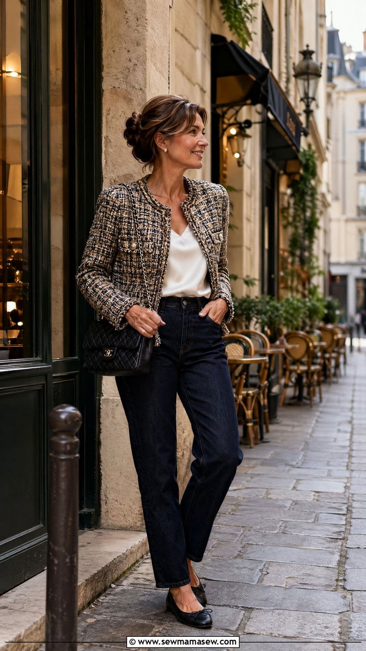 Mature woman in a tweed jacket with dark jeans and ballet flats