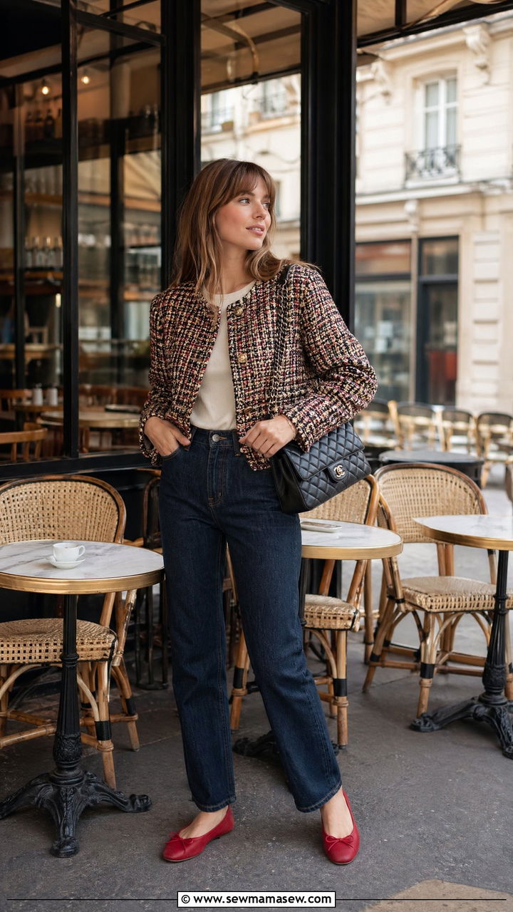 Tweed jacket with jeans and ballet flats