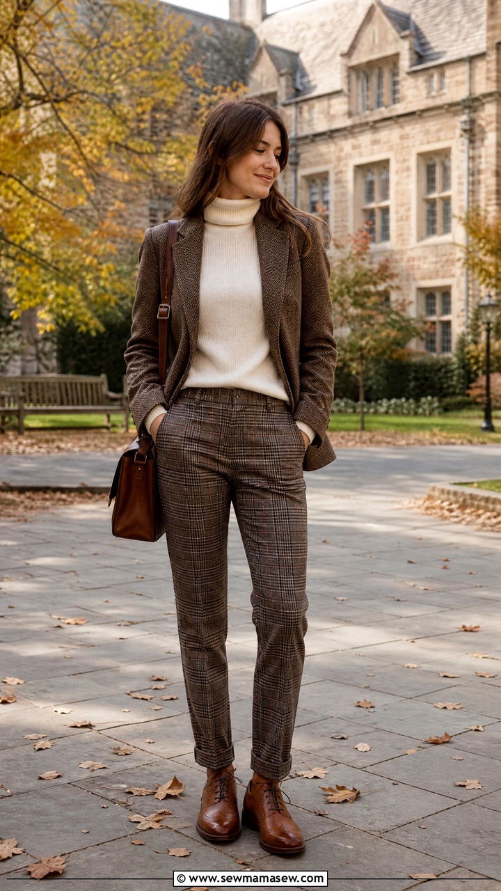 Woman in a tweed blazer with a turtleneck and plaid trousers, polished school outfit
