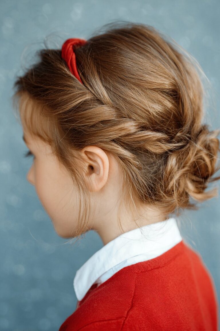 Young girl with a red twisted headband and a messy twisted bun updo