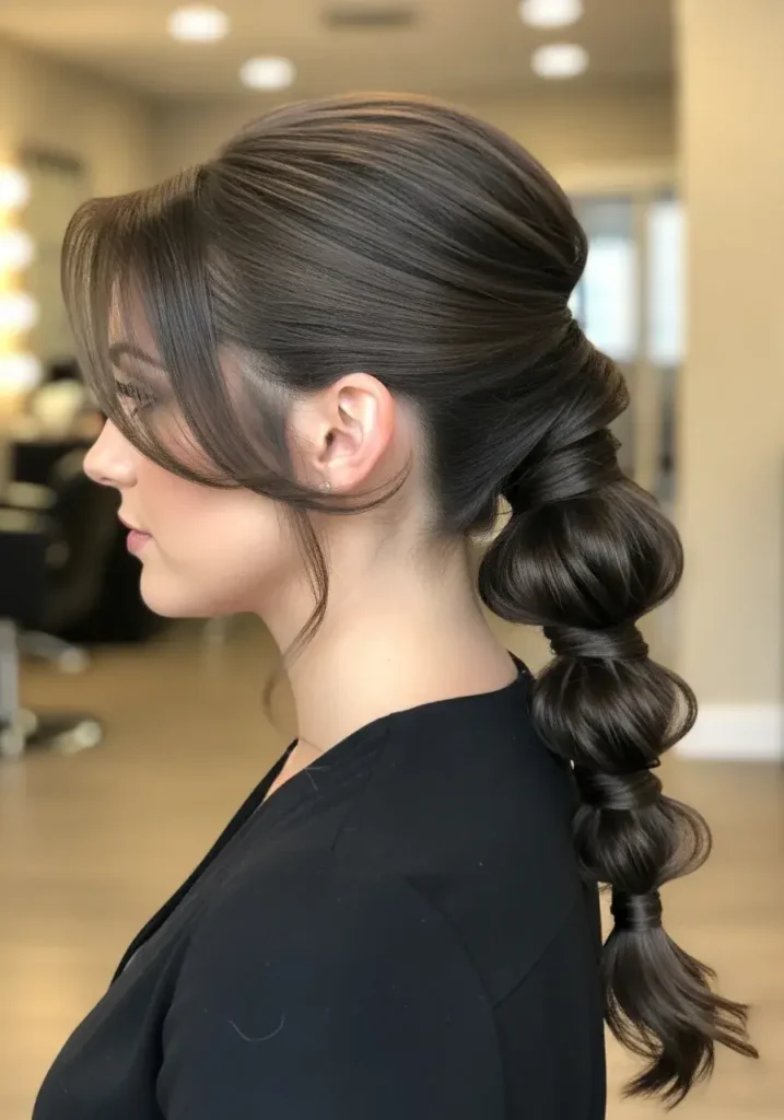 Elegant twisted low ponytail with wrapped sections and soft curtain bangs