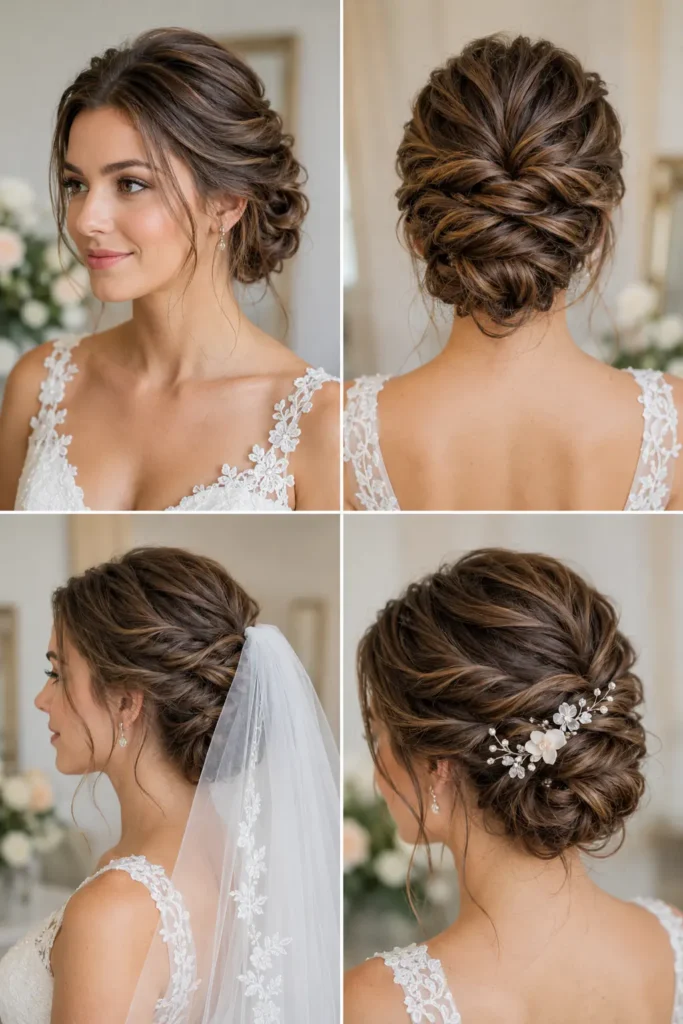 Twisted side bun with textured sections and face-framing tendrils
