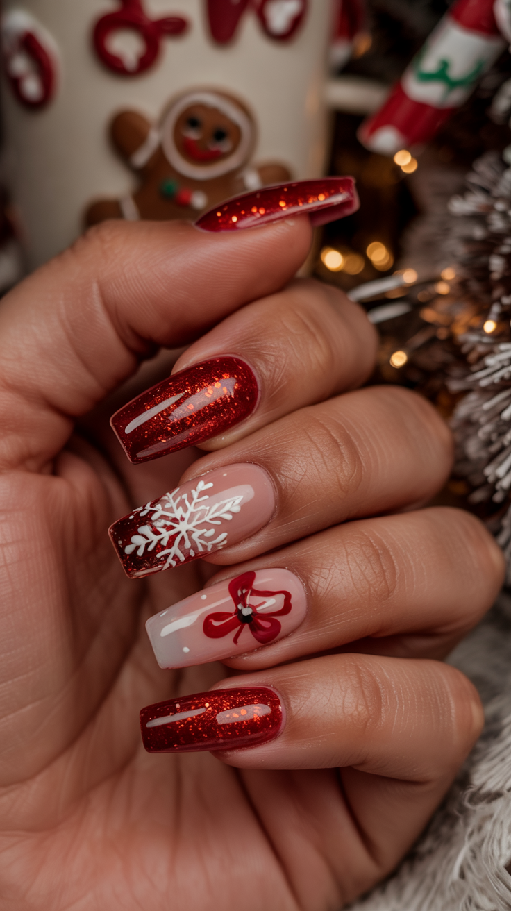 Medium almond nails mixing red glitter with nude nails decorated with bows and snowflakes