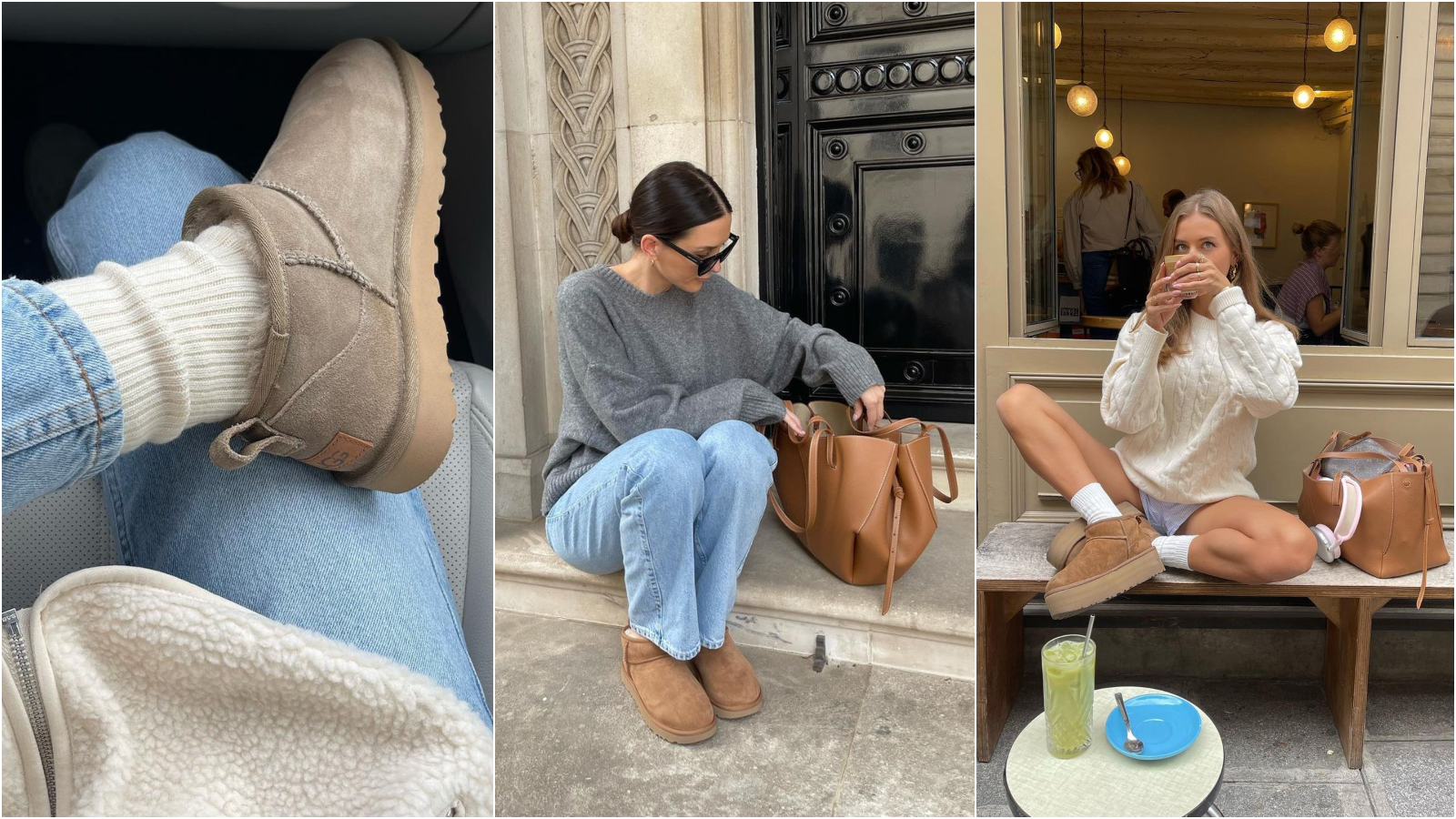 Three cozy ugg boots outfits with ribbed socks, jeans and knit sweaters