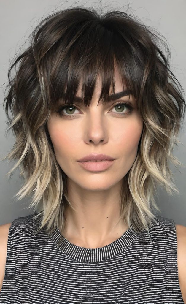 Shaggy dark brown bob with blonde balayage ends and wispy fringe