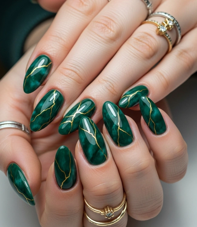 Medium almond deep green nails with gold kintsugi crack lines