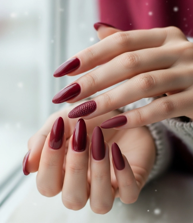 Long almond winter nails in cranberry red