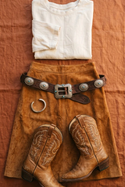 Flat lay of a tan suede skirt, white tee, western belt and embroidered cowboy boots
