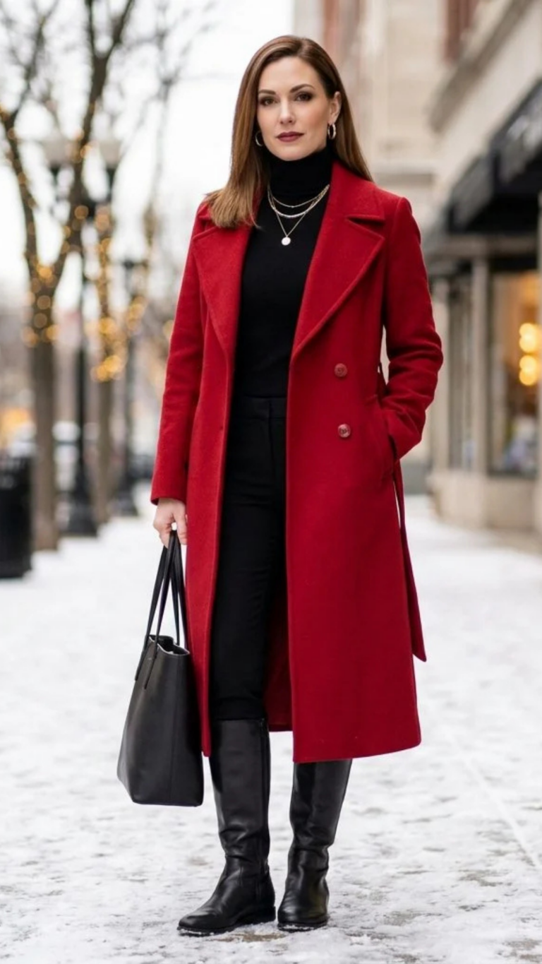 Woman in a long red wool coat with a black turtleneck, black trousers and black knee boots on a snowy street