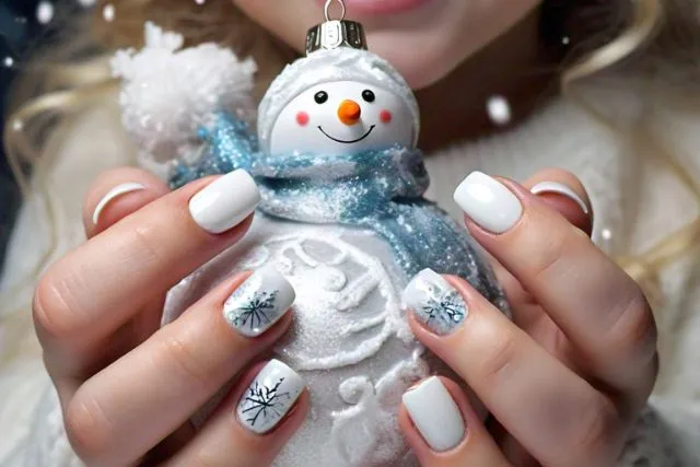 Pearlescent white kids nails with shimmering snowflake nail art