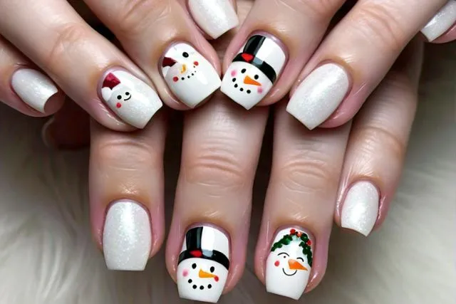 Kids nails with a different smiling snowman face on each white nail