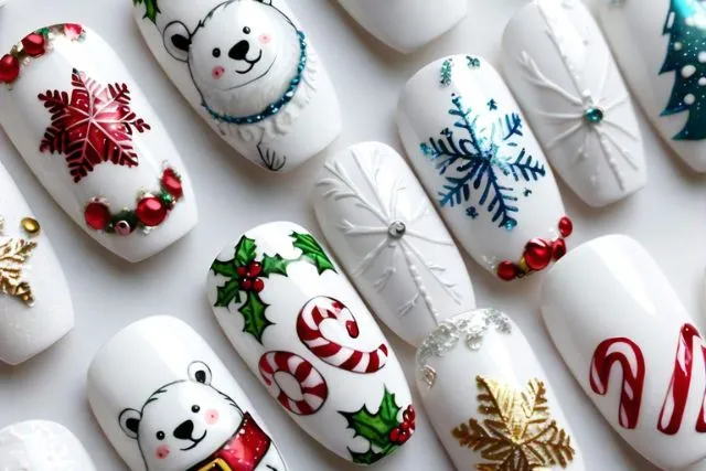 White kids nails with black polar bear paw print nail art