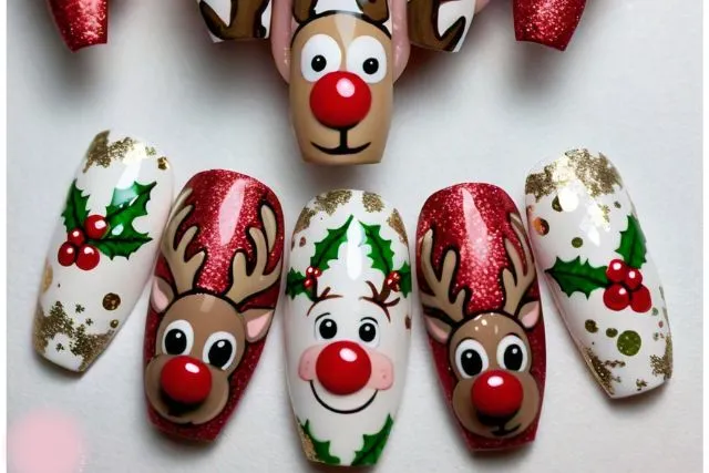 Minimalist brown reindeer antler nail art with red nose on white kids nails