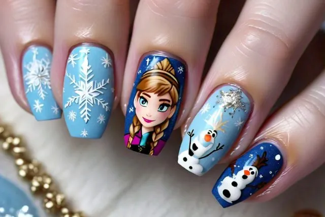 Icy blue gradient kids nails with white snowflake nail art