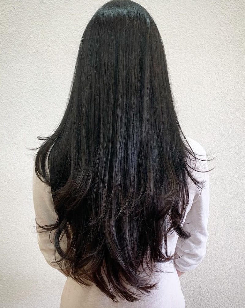 Back view of long glossy black hair with V-cut layers