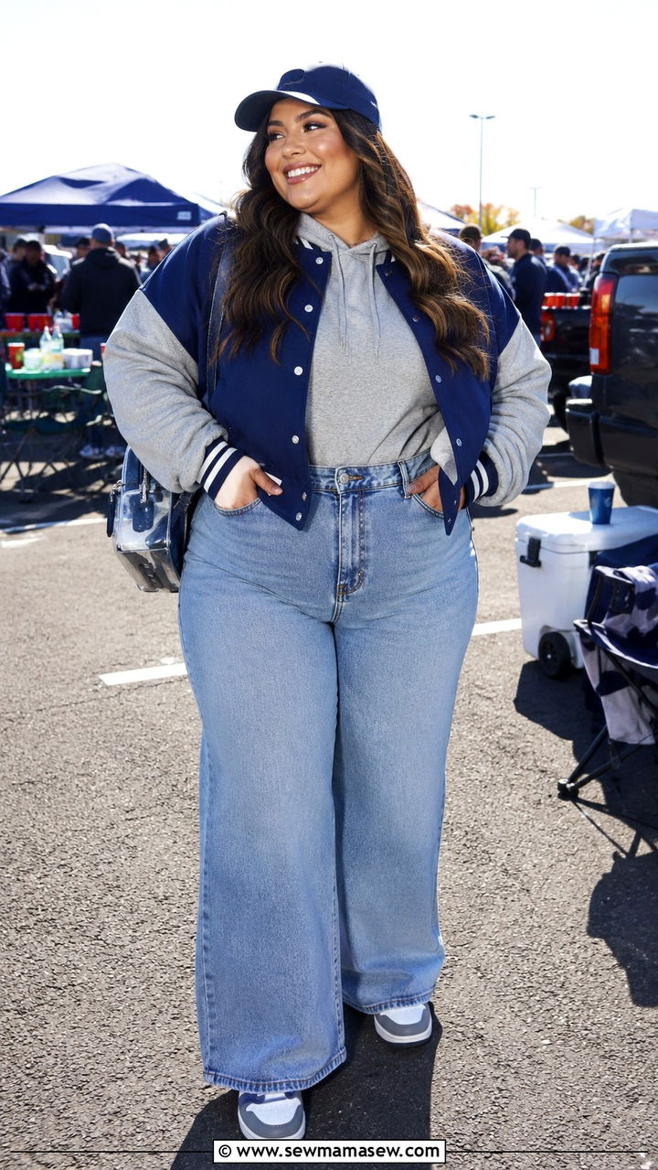 Woman in a navy varsity jacket over a gray hoodie with wide-leg jeans and sneakers at a game-day tailgate