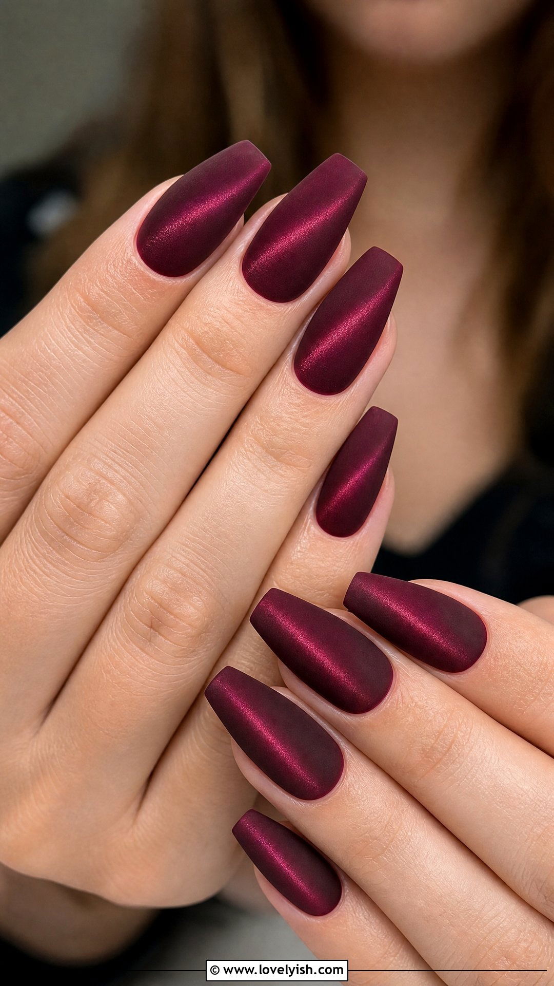 Burgundy velvet cat-eye nails