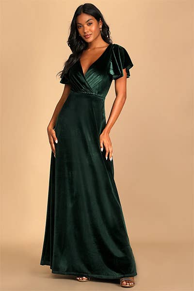 Dark green velvet maxi dress with flutter sleeves