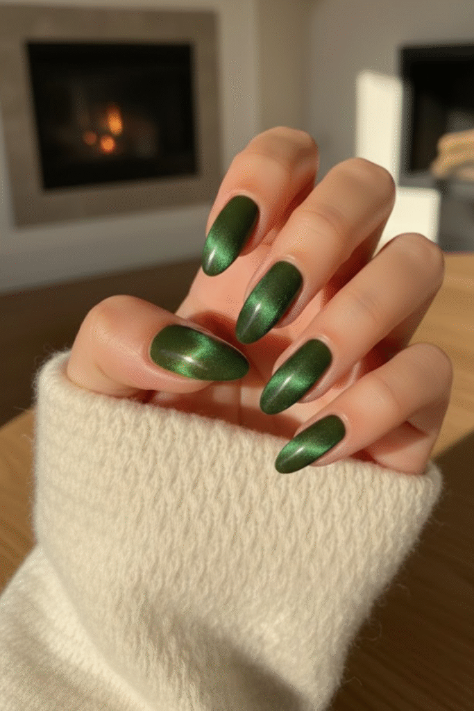 Emerald green velvet cat-eye nails in medium almond shape